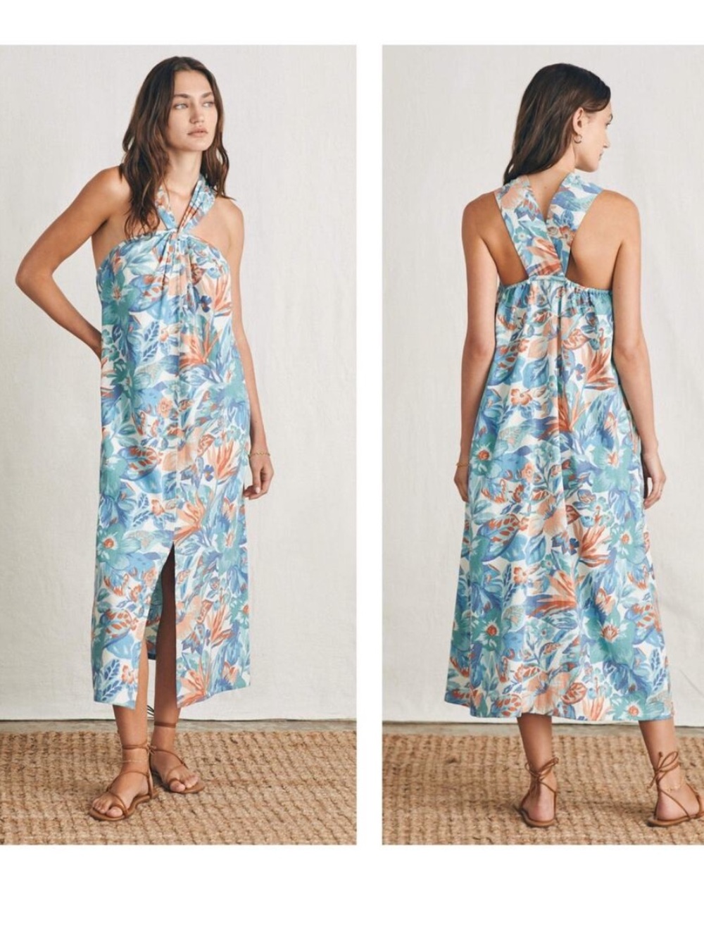 Faherty Bay Twist Midi Dress Tropical Halter Sz M 100% Organic Cotton